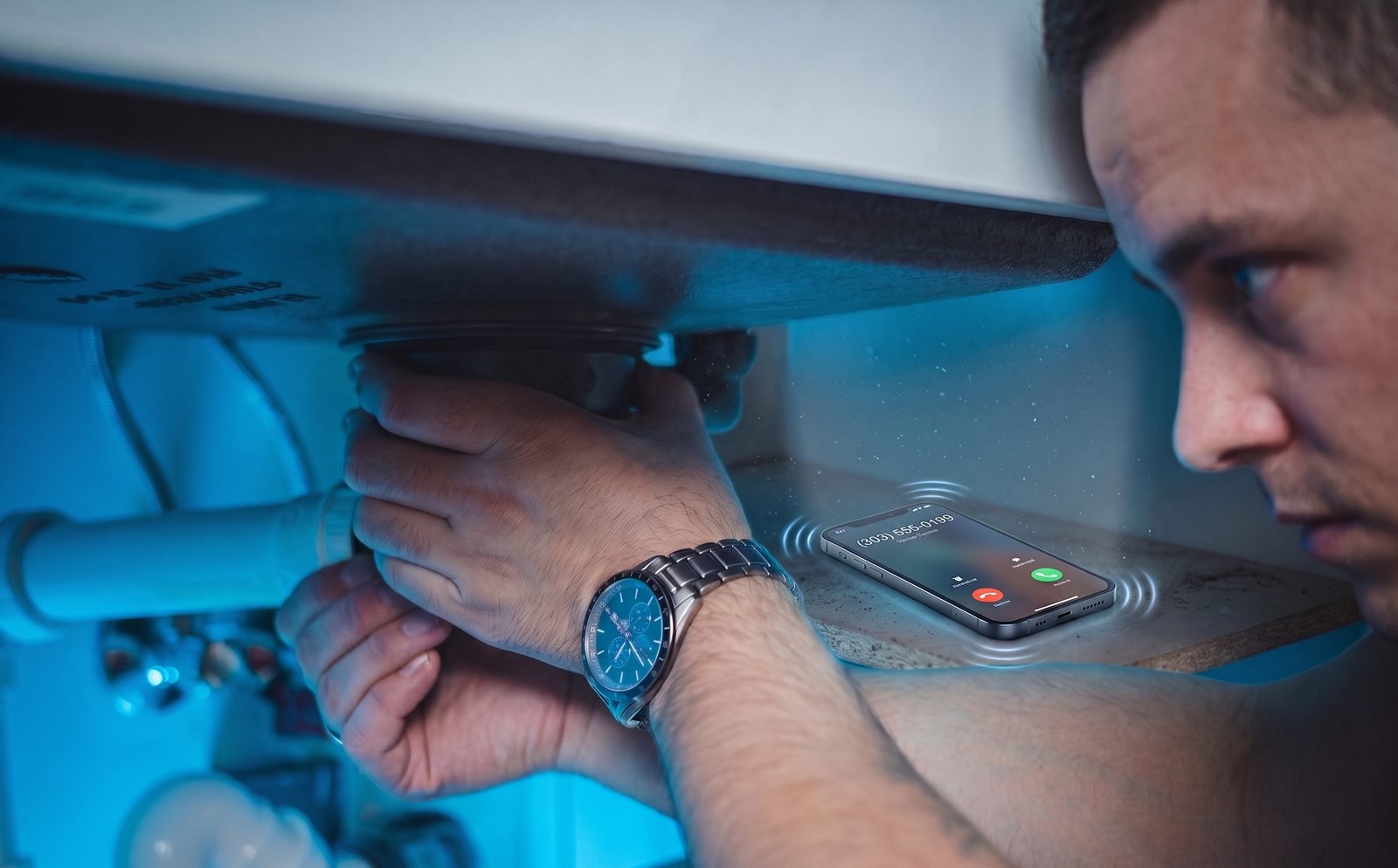 Plumber working under a sink while his phone rings unanswered on the counter
